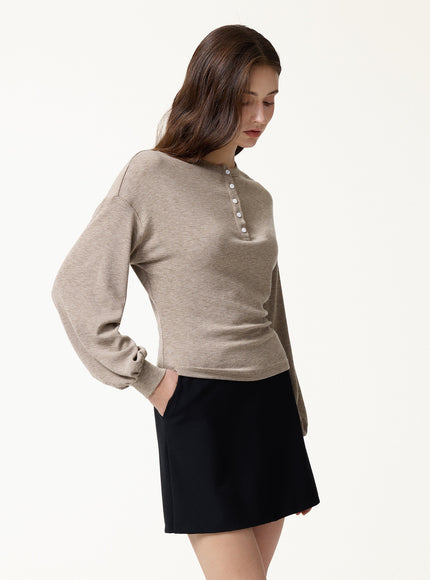 Slub Ribbed Henley Neck Batwing Sleeve Close-Fit Hem Top
