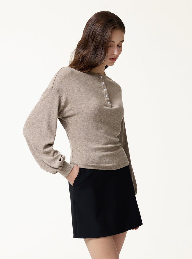 Slub Ribbed Henley Neck Batwing Sleeve Close-Fit Hem Top
