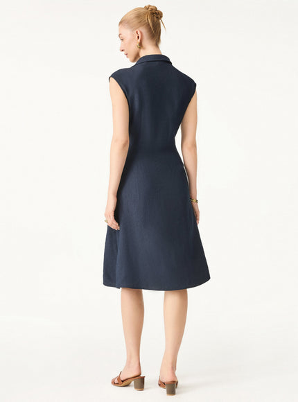 Viscose-Linen Collared V-neck Midi Dress with Drawstring