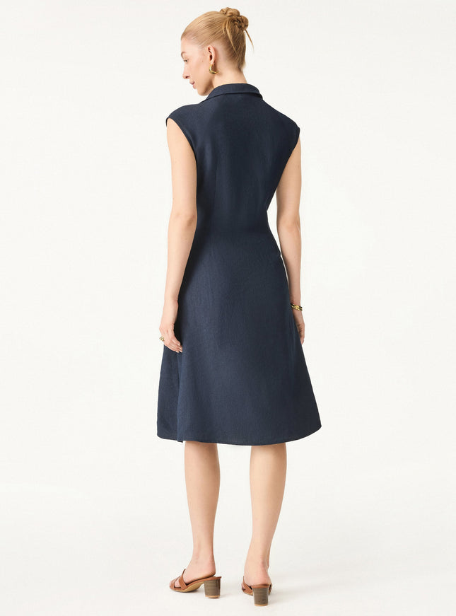 Viscose-Linen Collared V-neck Midi Dress with Drawstring