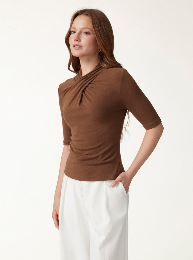 Crisscross Mock Neck Elbow Sleeve Ruched Top