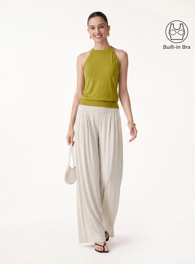 2Pcs Set Halter Neck Built-In Bra Tank & Tucked Pant with Pockets