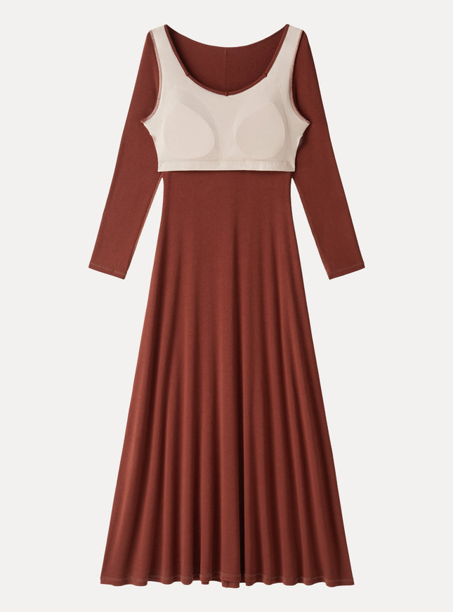 Diamond Neck Long Sleeve Drapey Maxi Built-In Bra Dress