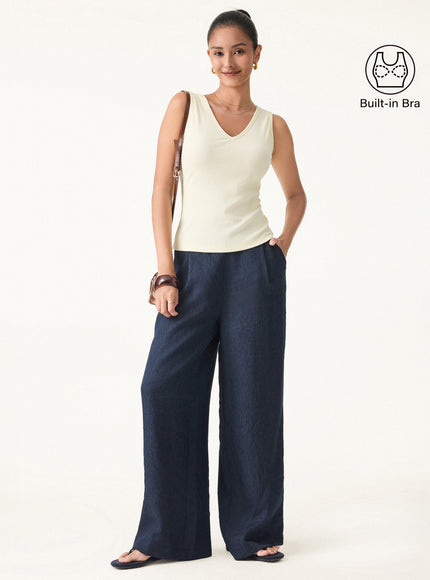 Stretch Cotton Pointelle V-neck Sleeveless Built-In Bra Tank