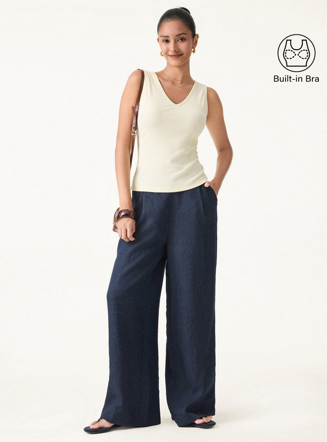 Stretch Cotton Pointelle V-neck Sleeveless Built-In Bra Tank