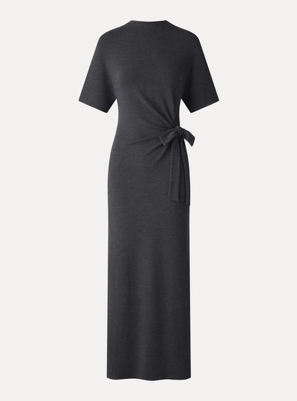 Mock Neck Elbow Sleeve Tie-Waist Midi Dress