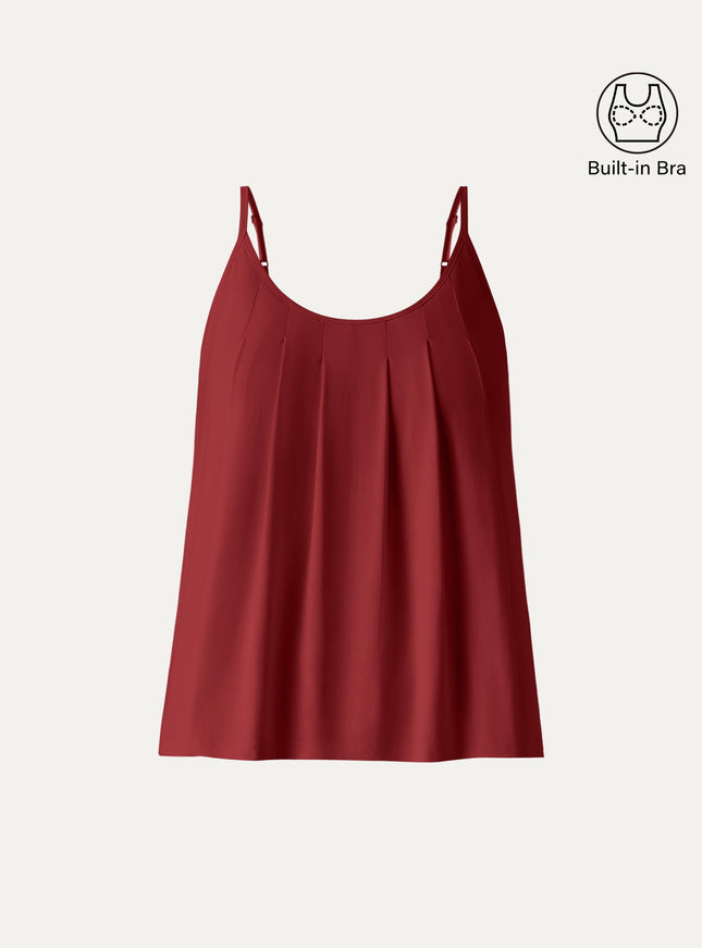 U-Neck Pleated Spaghetti Built-In Bra Tank