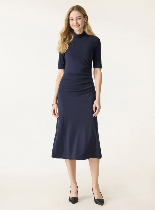 Cotton Blend Mock Neck Elbow Sleeve Tucked A-Line Midi Dress