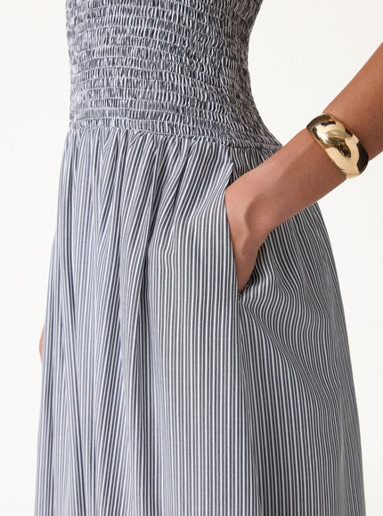 Striped Poplin Square Neck Smocked Midi Built-In Bra Dress