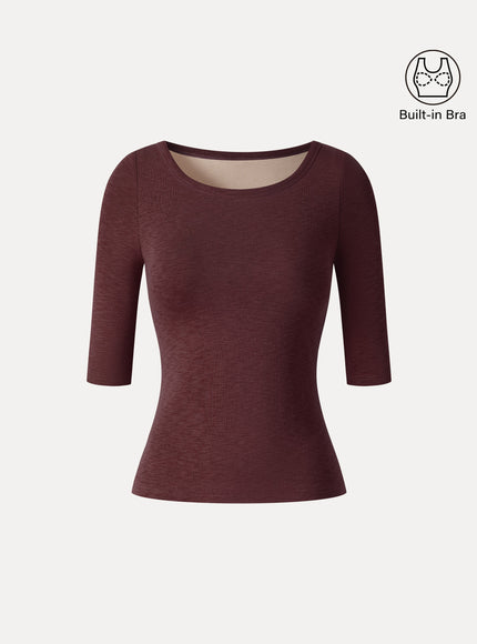 Round Neck Elbow Sleeve Built-In Bra Top
