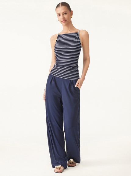 Striped Side Ruched Spaghetti New Airy Built-In Bra Tank