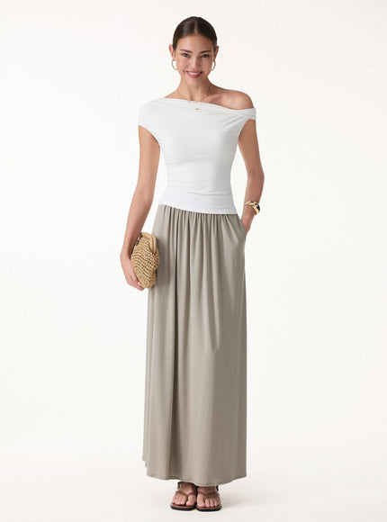 Soft Linen Knit Gathered A-Line Maxi Skirt with Pockets
