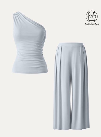 2Pcs Set Regular Wide Leg Palazzo Pant with Pockets & Ruched Built-In Bra Tank