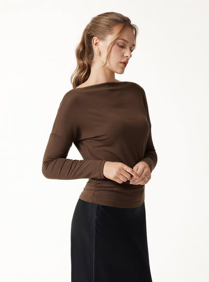 Lyocell-Wool Slash Neck Long Sleeve Ruched Banded Hem Top