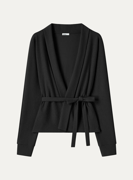 Textured Cotton Blend Lapel Belted Open-Front Jacket