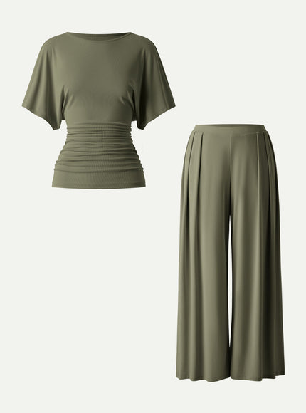 2Pcs Set Boatneck Batwing Sleeve Top & Wide Leg Palazzo Pant with Pockets