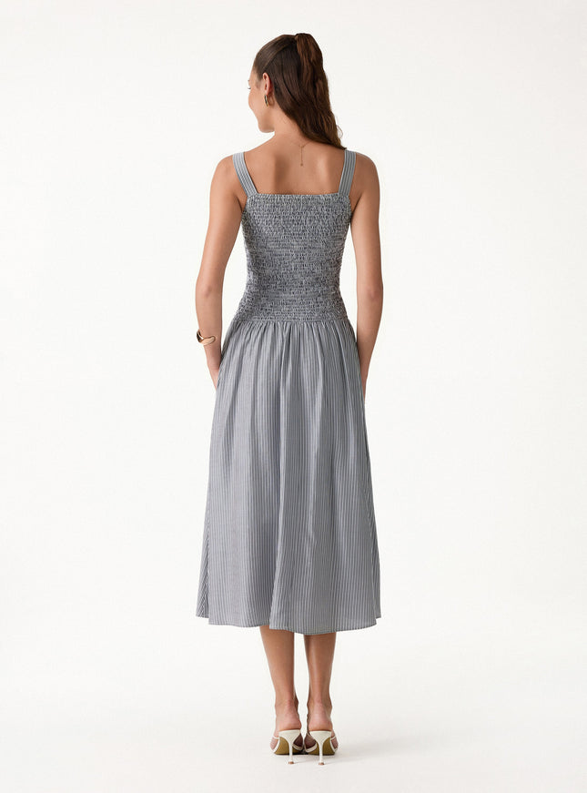Striped Poplin Square Neck Smocked Midi Built-In Bra Dress