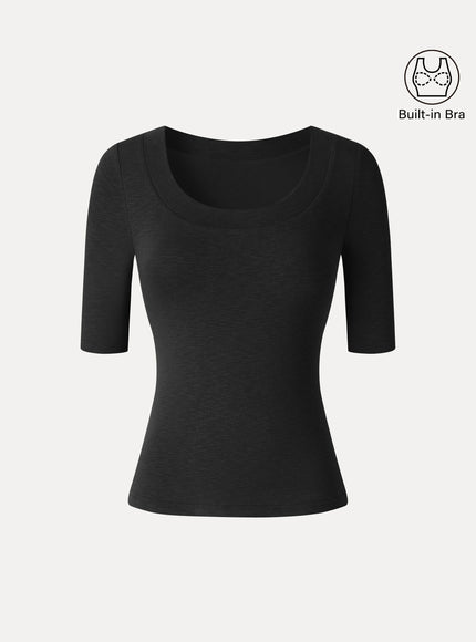 Slub U-Neck Elbow Sleeve Built-In Bra Top