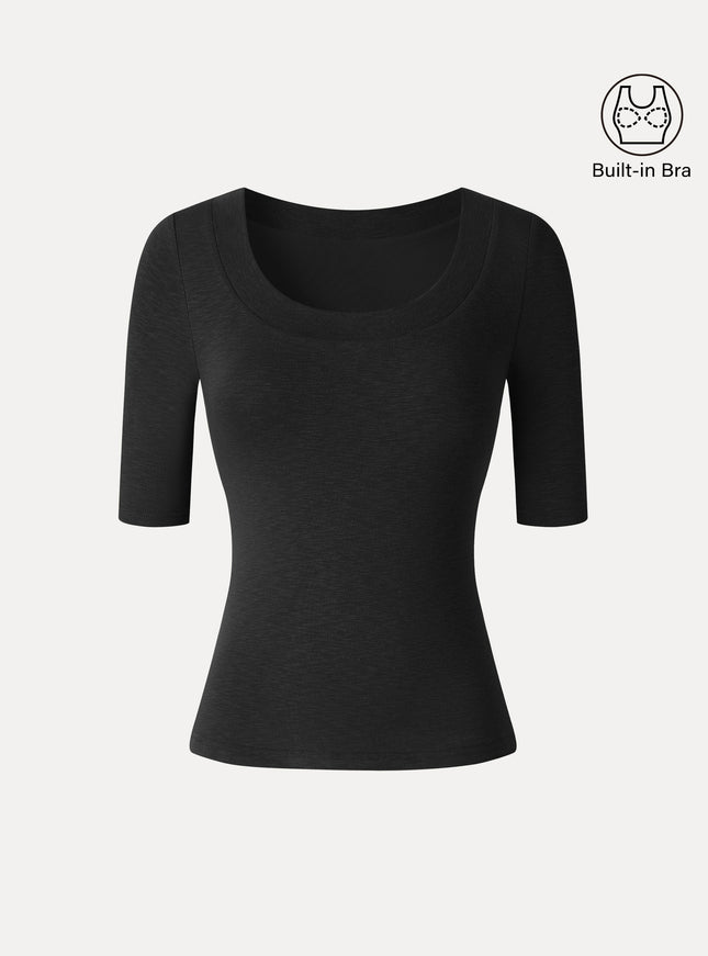 Slub U-Neck Elbow Sleeve Built-In Bra Top