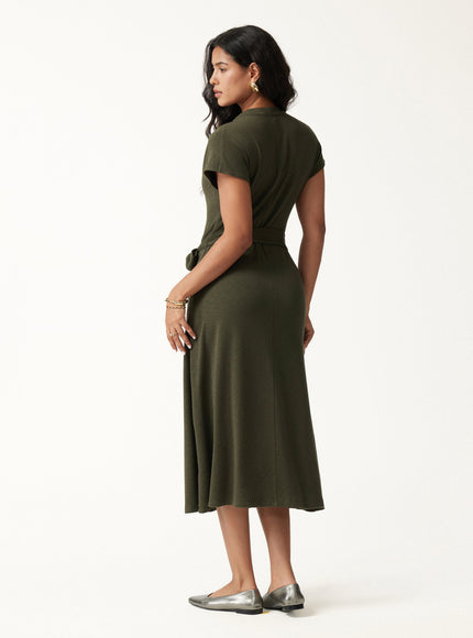 Neck Short Sleeve Belted Midi Dress