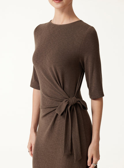Slub Ribbed Round Neck Elbow Sleeve Tie-Waist Midi Dress