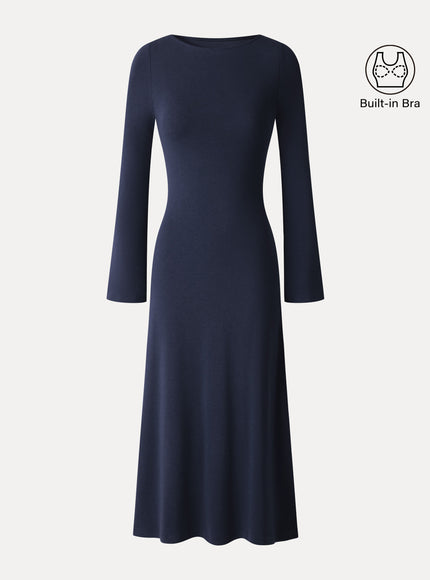 Boatneck Bell Sleeve Midi Built-In Bra Dress