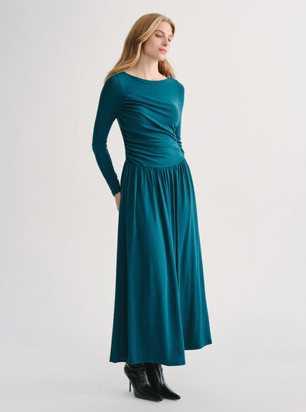 Boatneck Long Sleeve Ruched Maxi Built-In Bra Dress with Pockets
