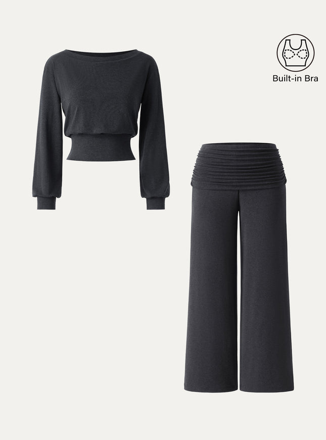 2Pcs Set Boatneck Built-In Bra & Drapey Wide Leg Pull-on Pants with Pockets