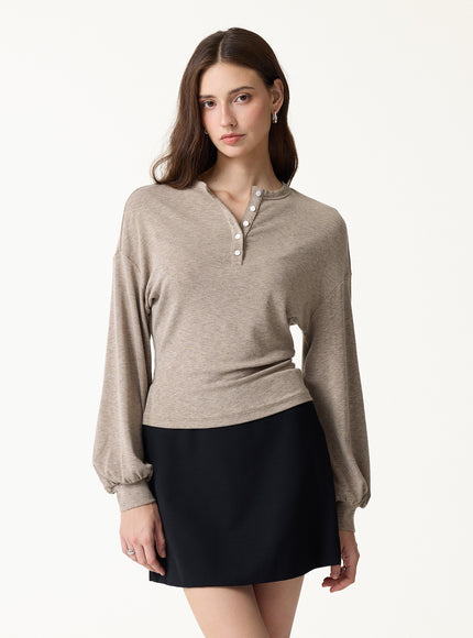 Slub Ribbed Henley Neck Batwing Sleeve Close-Fit Hem Top