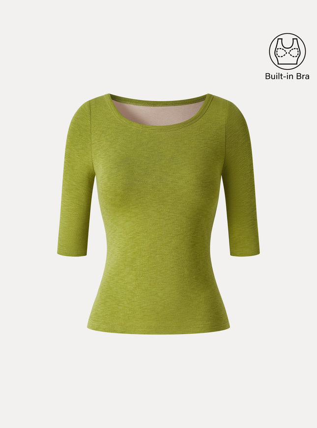 Round Neck Elbow Sleeve Built-In Bra Top