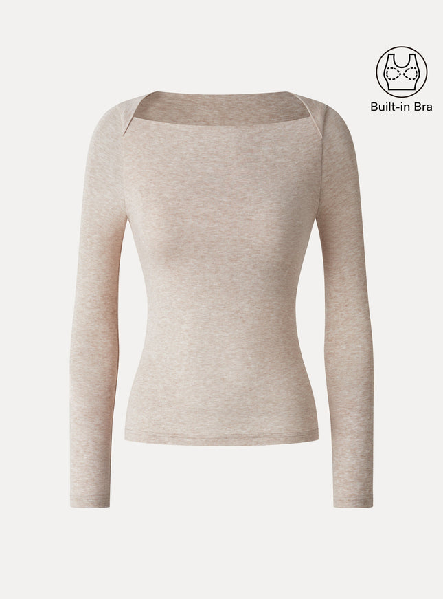 Lyocell-Wool Trapeze Neck Long Sleeve Built-In Bra Top