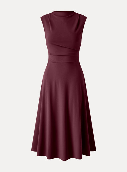 Viscose-Cotton Mock Neck Sleeveless Tucked Midi Dress