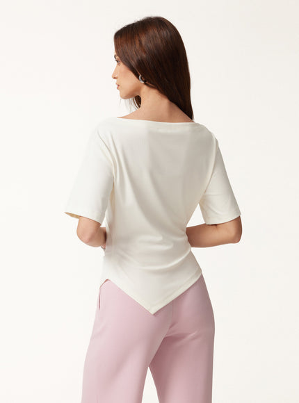Cotton Blend Boatneck Elbow Sleeve Asymmetrical Tucked Top