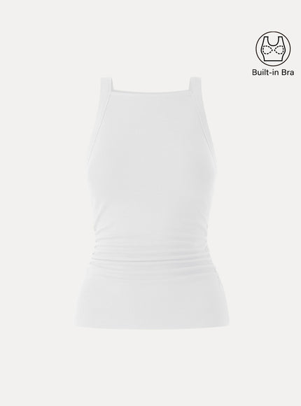 Chic Square Neck Ruched Rib Built-In Bra Tank