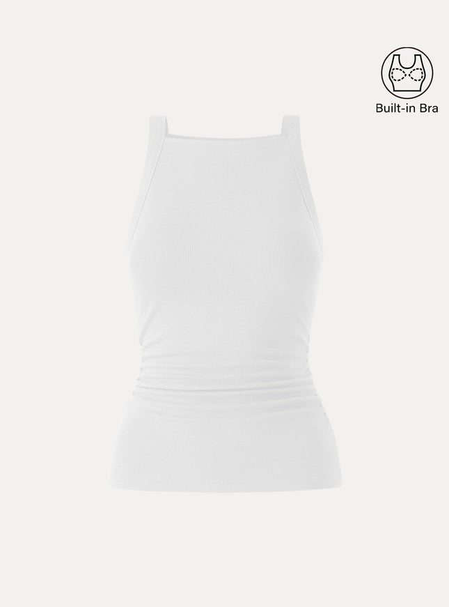 Chic Square Neck Ruched Rib Built-In Bra Tank