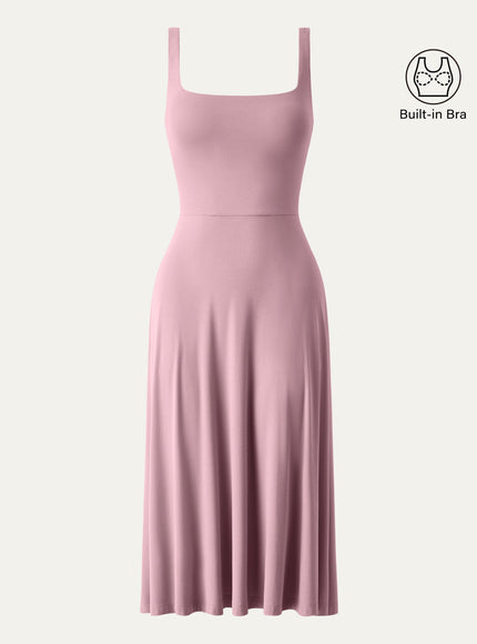 Square Neck Flowy New Airy Bra Midi Dress