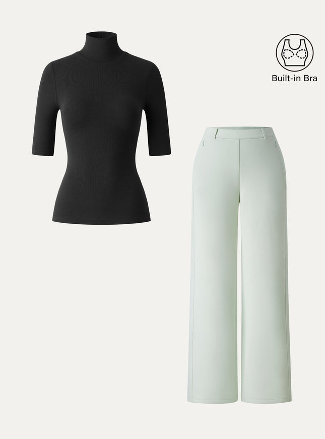 2Pcs Set Turtleneck Built-In Bra Tops & High Rise Wide Leg Pant