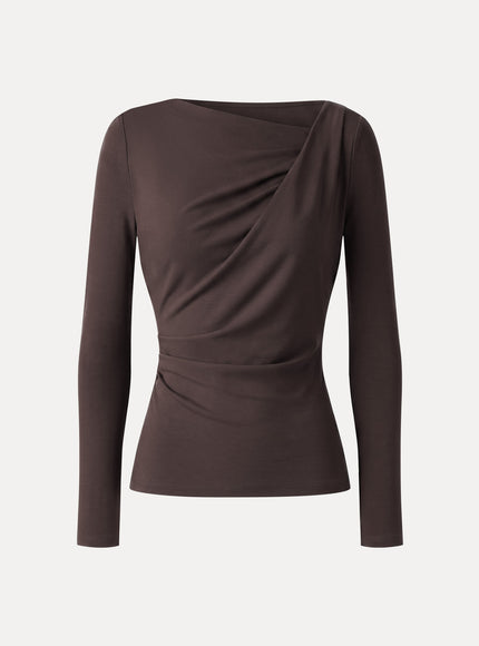 Asymmetrical Neck Long Sleeve Tucked-Waist Top
