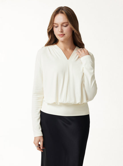 V-Neck Long Sleeve Ruched Banded Hem Top