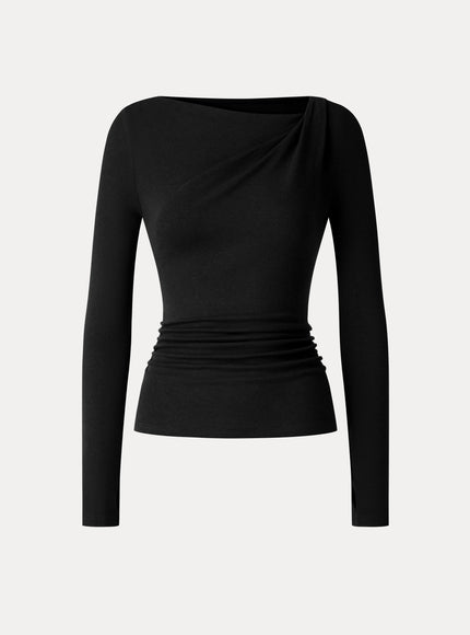 Asymmetrical Neck Long Sleeve Ruched Top