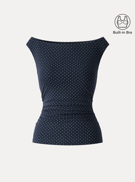 Stretch Cotton Polka Dot Boatneck Ruched Built-In Bra Top Limited Edition