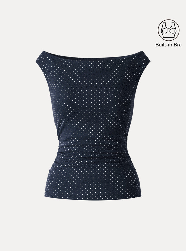 Stretch Cotton Polka Dot Boatneck Ruched Built-In Bra Top Limited Edition