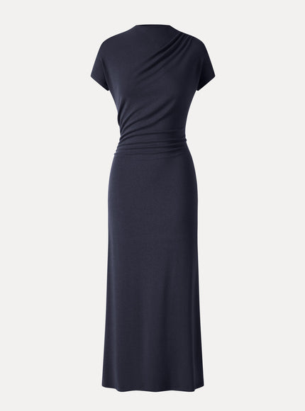 Mock Neck Cap Sleeve Ruched Midi Dress