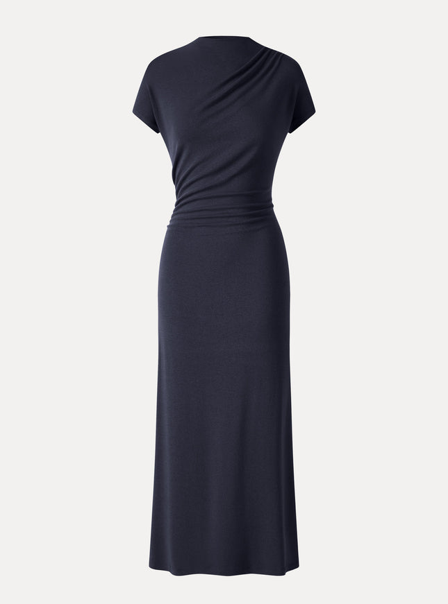 Mock Neck Cap Sleeve Ruched Midi Dress