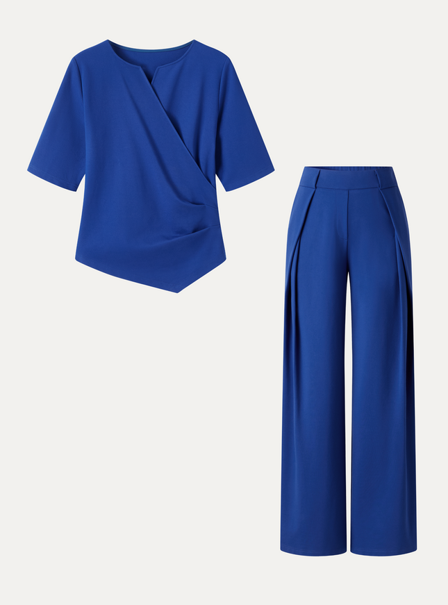 2Pcs Set Surplice Elbow Sleeve Top & Mid-Rise Wide-Leg Tuck Pants with Pockets
