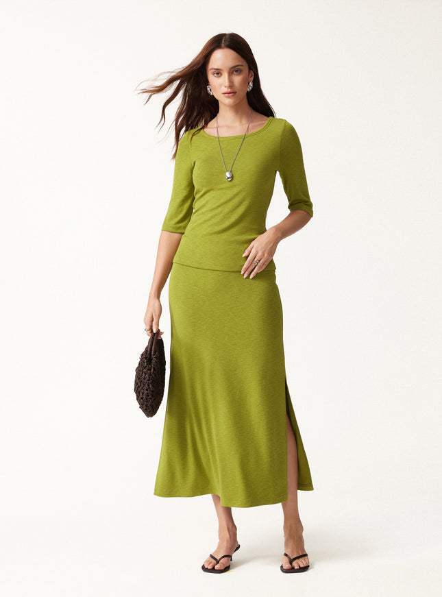 Round Neck Elbow Sleeve Built-In Bra Top