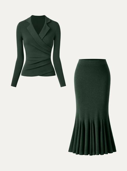 2Pcs Set Collared Surplice Top & High-Rise Mermaid Midi Skirt