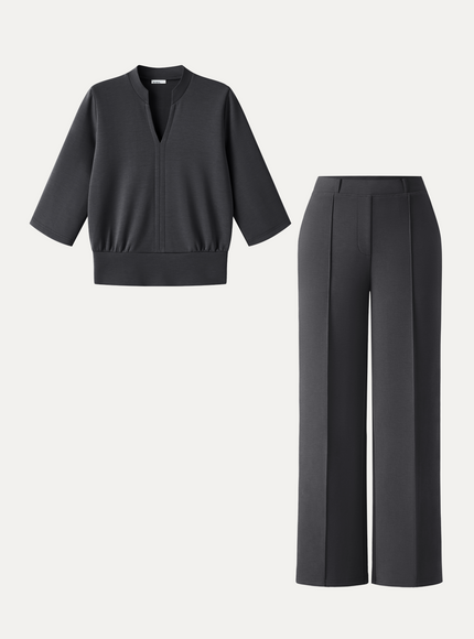 2Pcs Set V-Neck Elbow Sleeve Top & Mid Rise Straight Leg Pants with Pockets