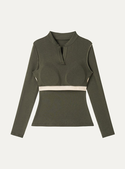 Office Staple V-Neck Lapel Long Sleeve Built-In Bra Top