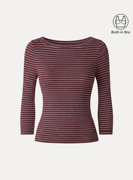 Striped Parisian Boatneck 3/4 Sleeve Built-In Bra Top